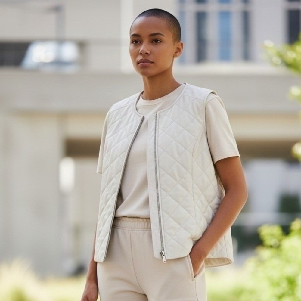 Pamela McCoy Collections Cream Quilted Genuine Leather Zip Front Vest Womens M